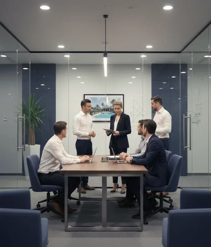 Colleagues collaborating around a conference table in a glass-walled office