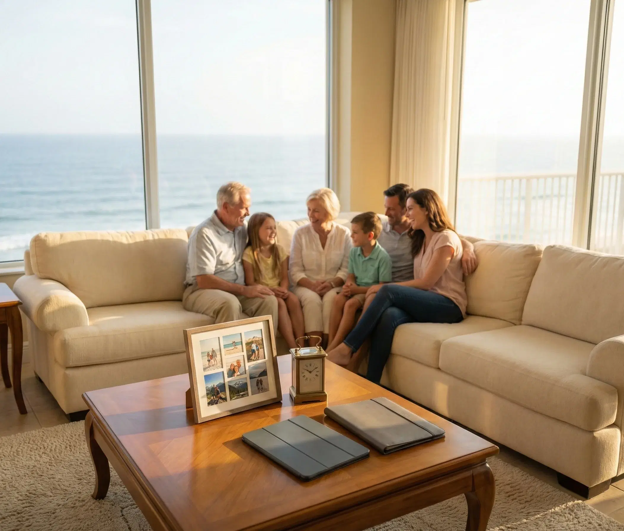 Three generations of a family laughing together on a sofa in an ocean-view living room
