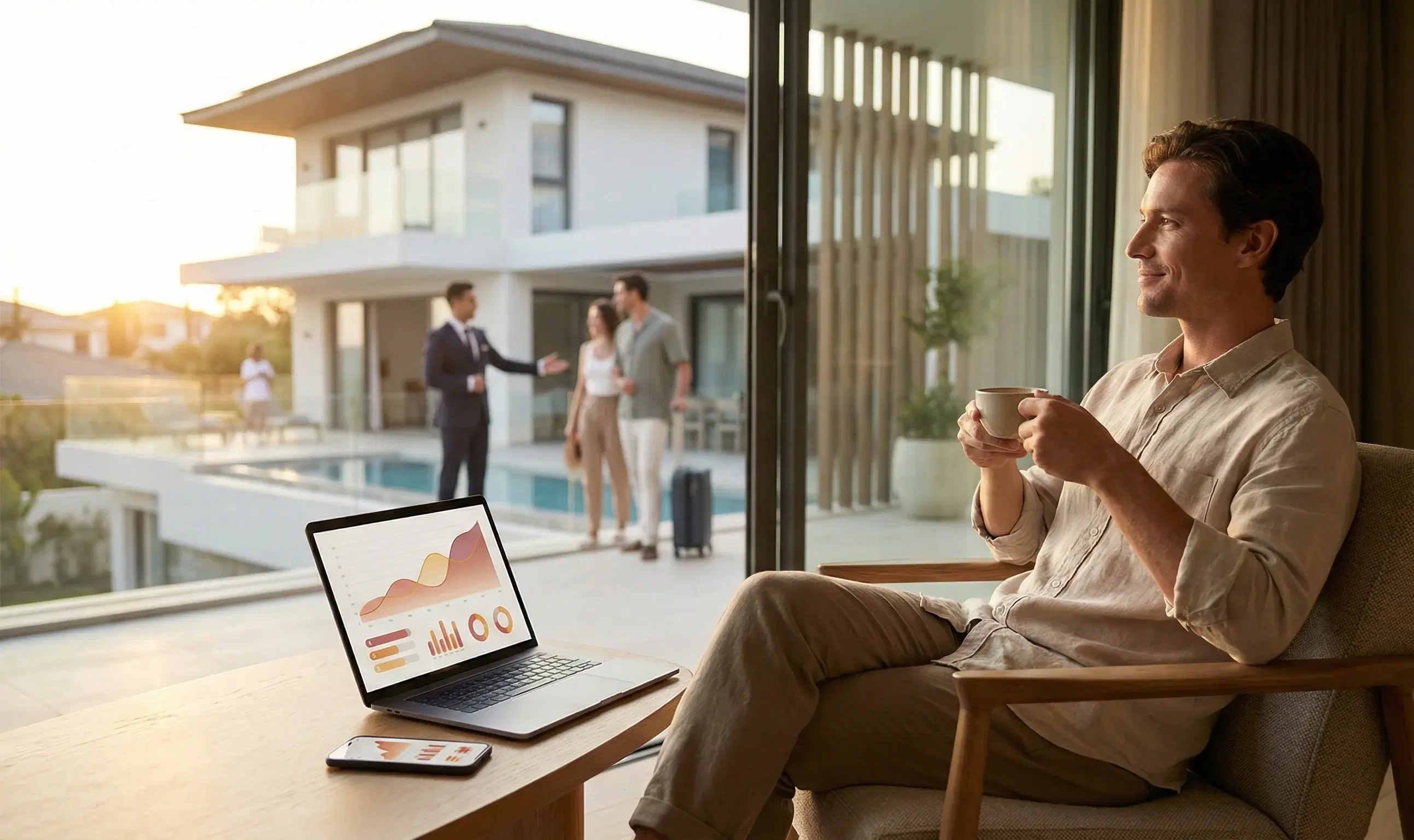 Relaxed owner having coffee as earnings charts display on a laptop and renters arrive at a villa outside