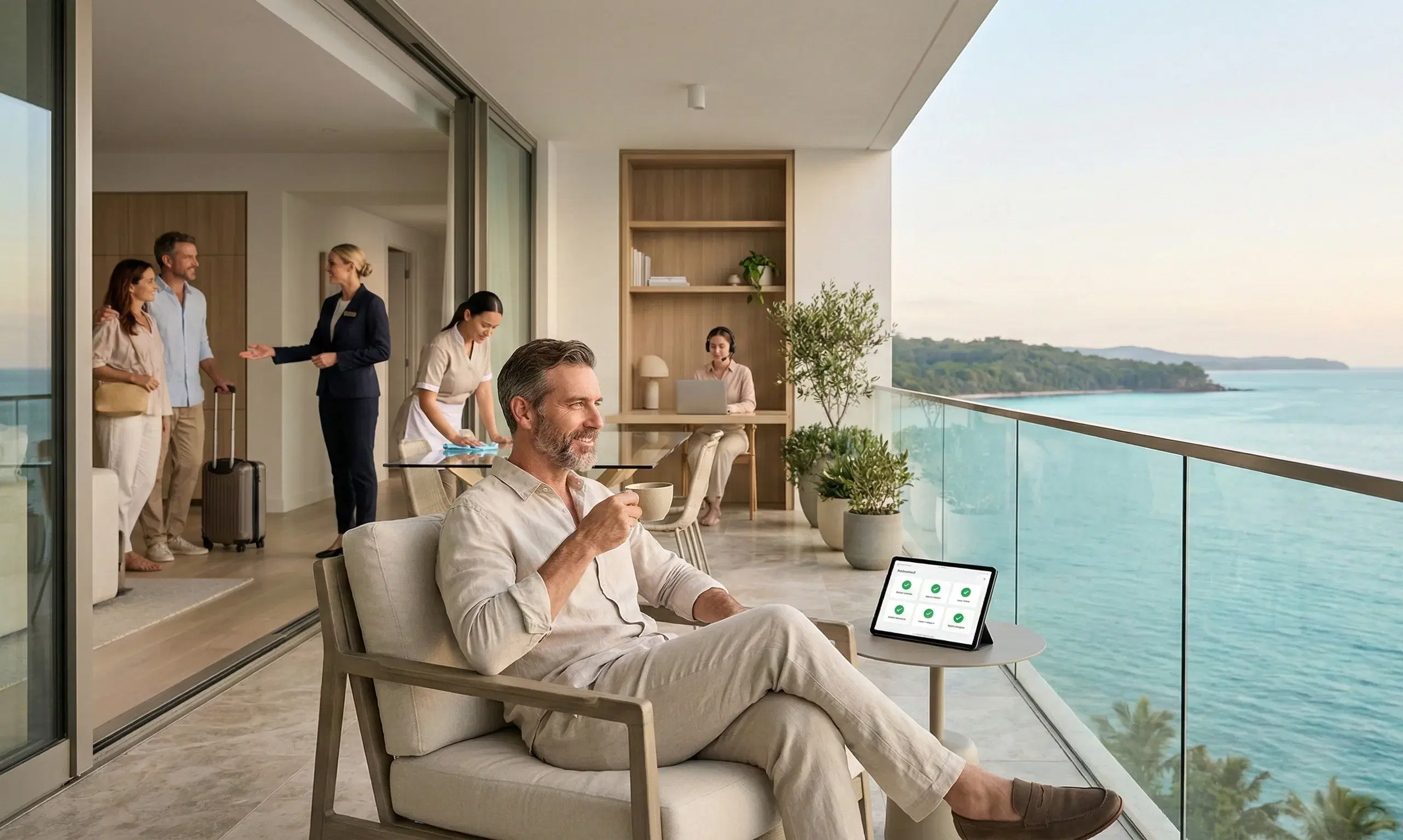 Owner enjoying coffee on a resort balcony while staff welcome arriving guests behind him