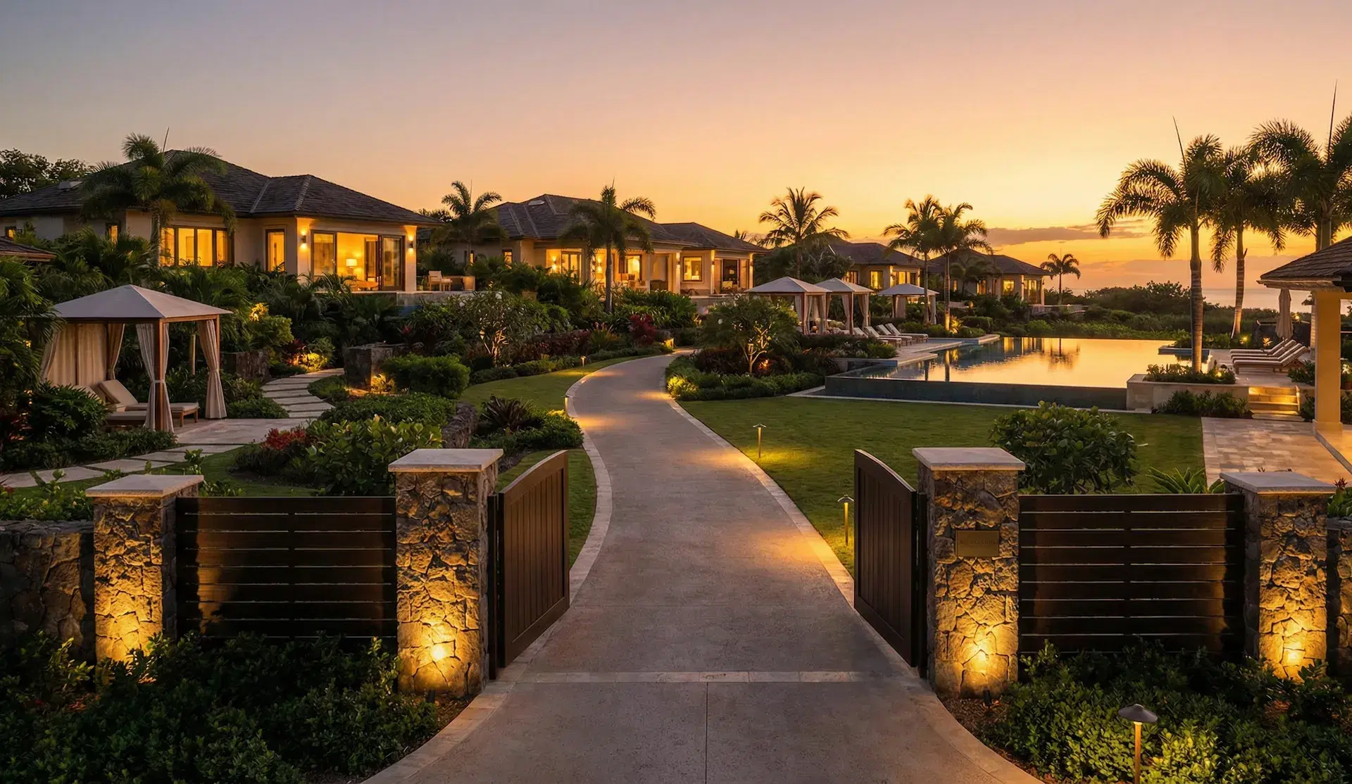 Gated resort villas at sunset, a lit stone path winding past cabanas toward an infinity pool and the ocean